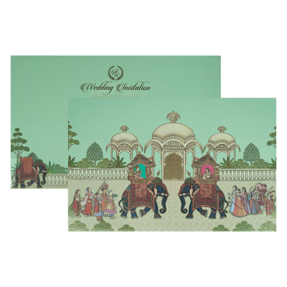 Check out Mint Green Palace Elephant Padded Wedding Card at best price.WhatsApp Support|Express Delivery.