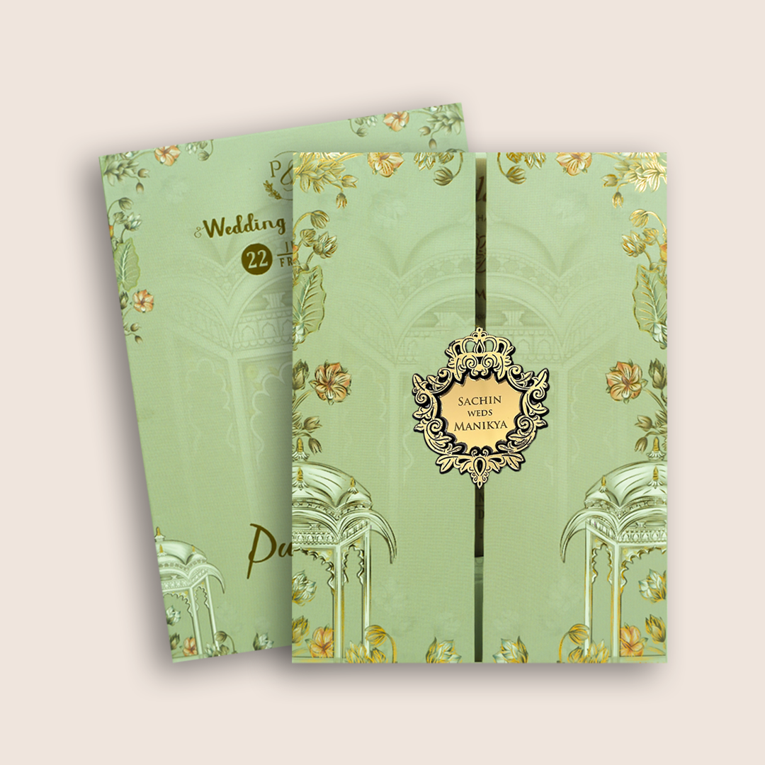 Grey Floral Jharokha Door Style Padded Marriage Card - KJTS1823