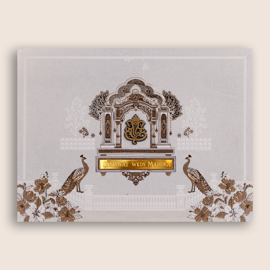 Ivory Floral Peacock Padded Wedding Invitation Card - KRE29240