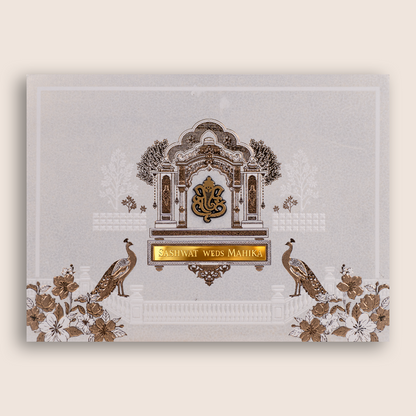 Ivory Floral Peacock Padded Wedding Invitation Card - KRE29240