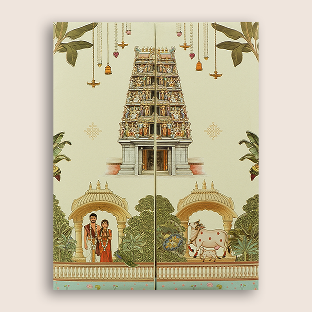 Cream South Indian Temple Door Style Wedding Invitation - KNKJ1167