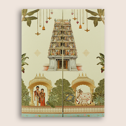 Cream South Indian Temple Door Style Wedding Invitation - KNKJ1167