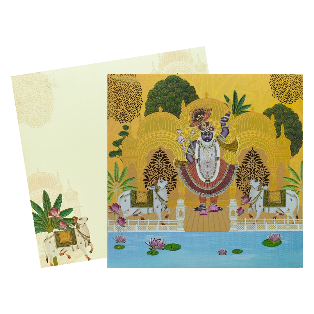 Yellow Lord Krishna Floral Padded Wedding Card - KBM05190