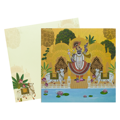 Yellow Lord Krishna Floral Padded Wedding Card - KBM05190