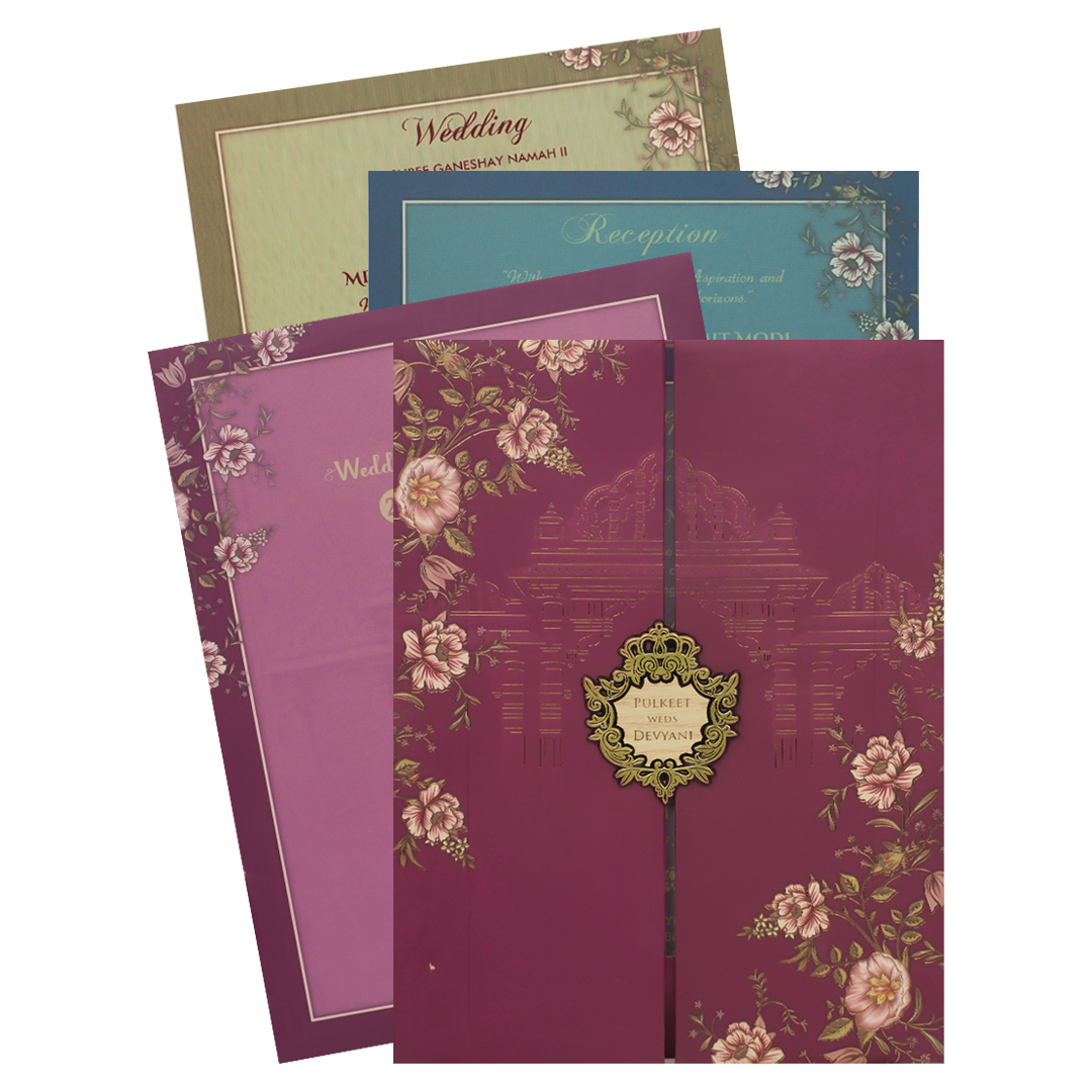 Check out Pink Floral Palace Padded Wedding Card at best price. ?WhatsApp Support ?Express Delivery.