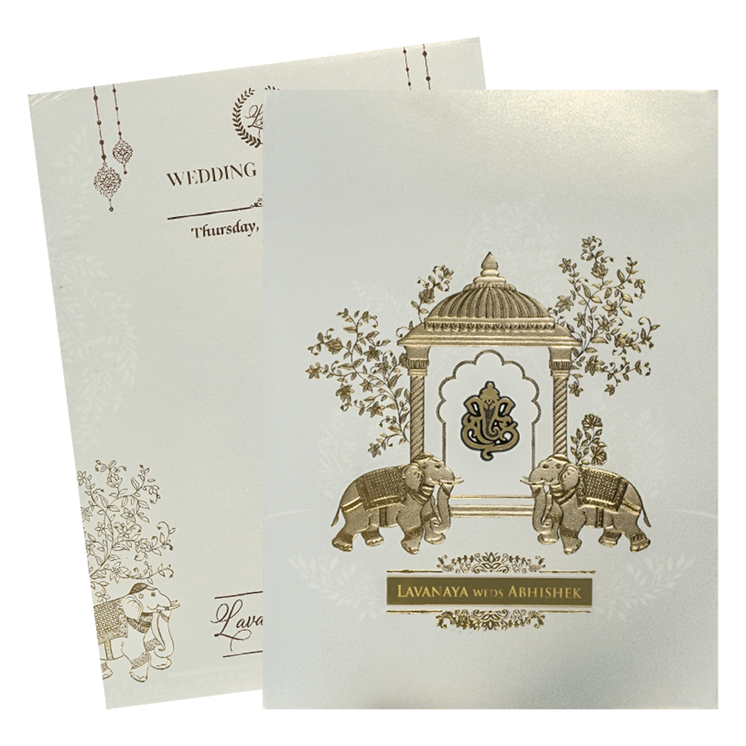 White Arch Ganesha Padded Wedding Card-KRE27510