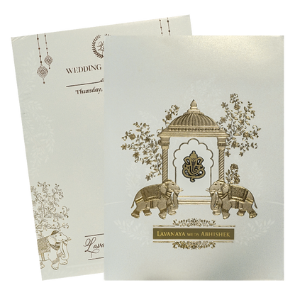 White Arch Ganesha Padded Wedding Card-KRE27510