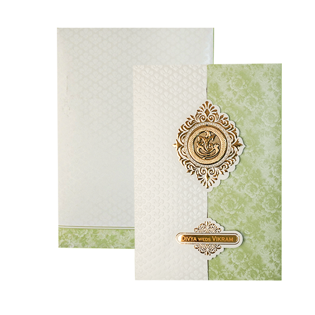 White and Green Ganesha Floral Wedding Card-KNAI2201