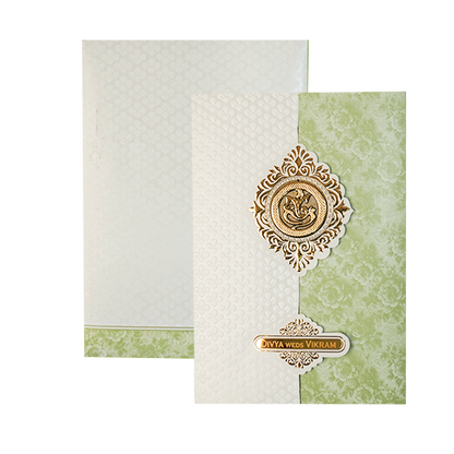 White and Green Ganesha Floral Wedding Card-KNAI2201