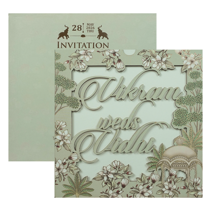 Green Pastel Floral Laser Cut Wedding Card-KRE26750