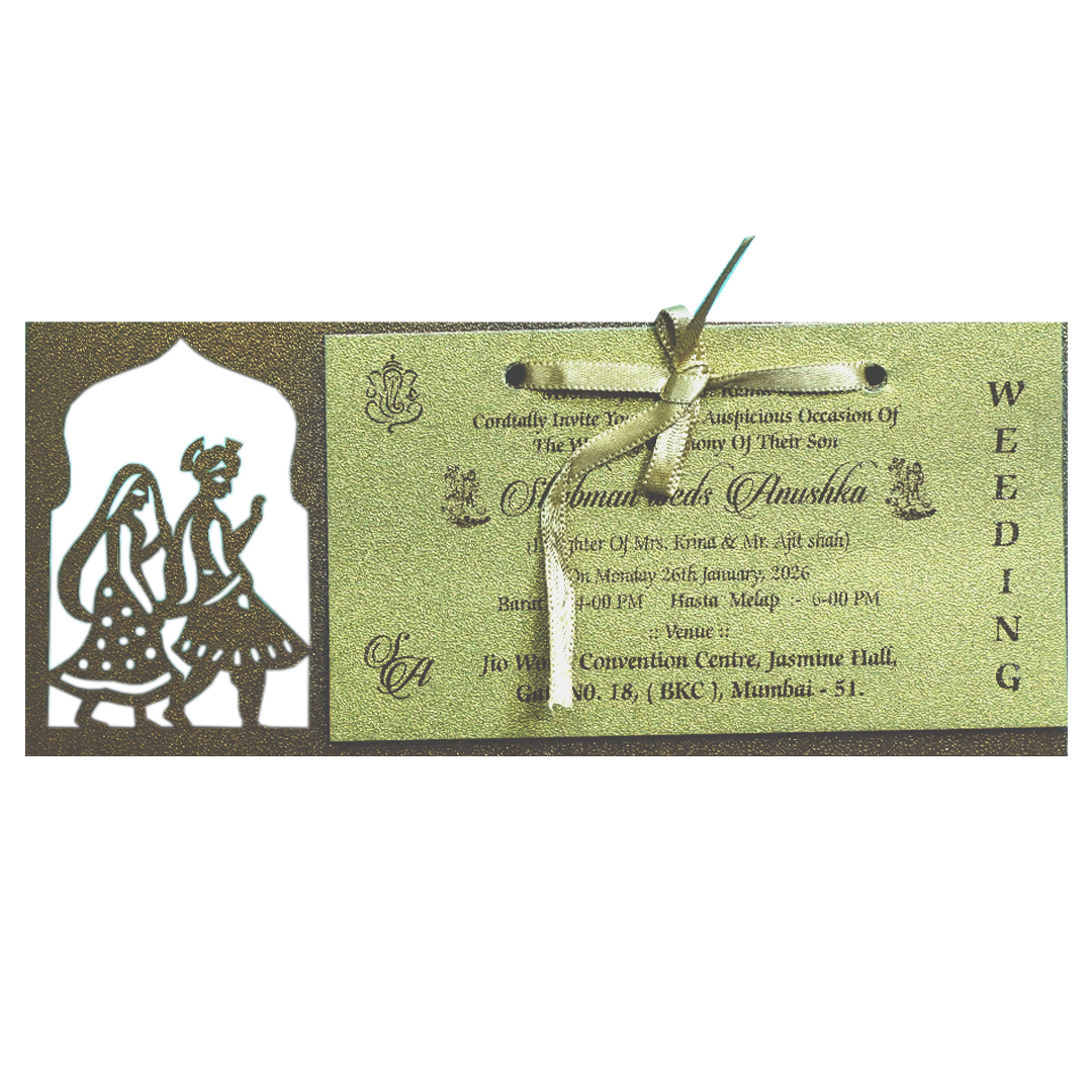 Gold Laser Cut MDF Wedding Invitation Card with Bride &amp; Groom Motif-KRB07020