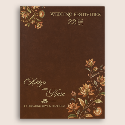 Maroon Embossed Floral Door Style Padded Wedding Card - KFR17520