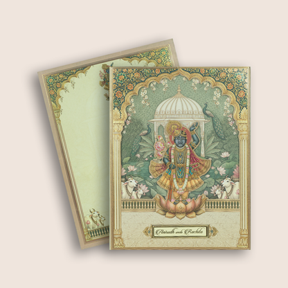 Green Shreenathji Laser Cut Padded Wedding Card - KAA05920