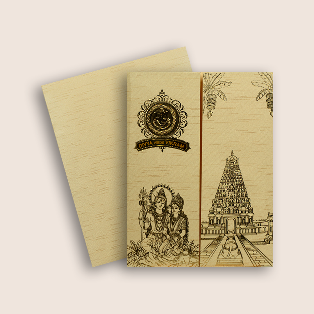 Beige Lord Shiva Parvathi Door Style Wedding Card - KNKR5036C
