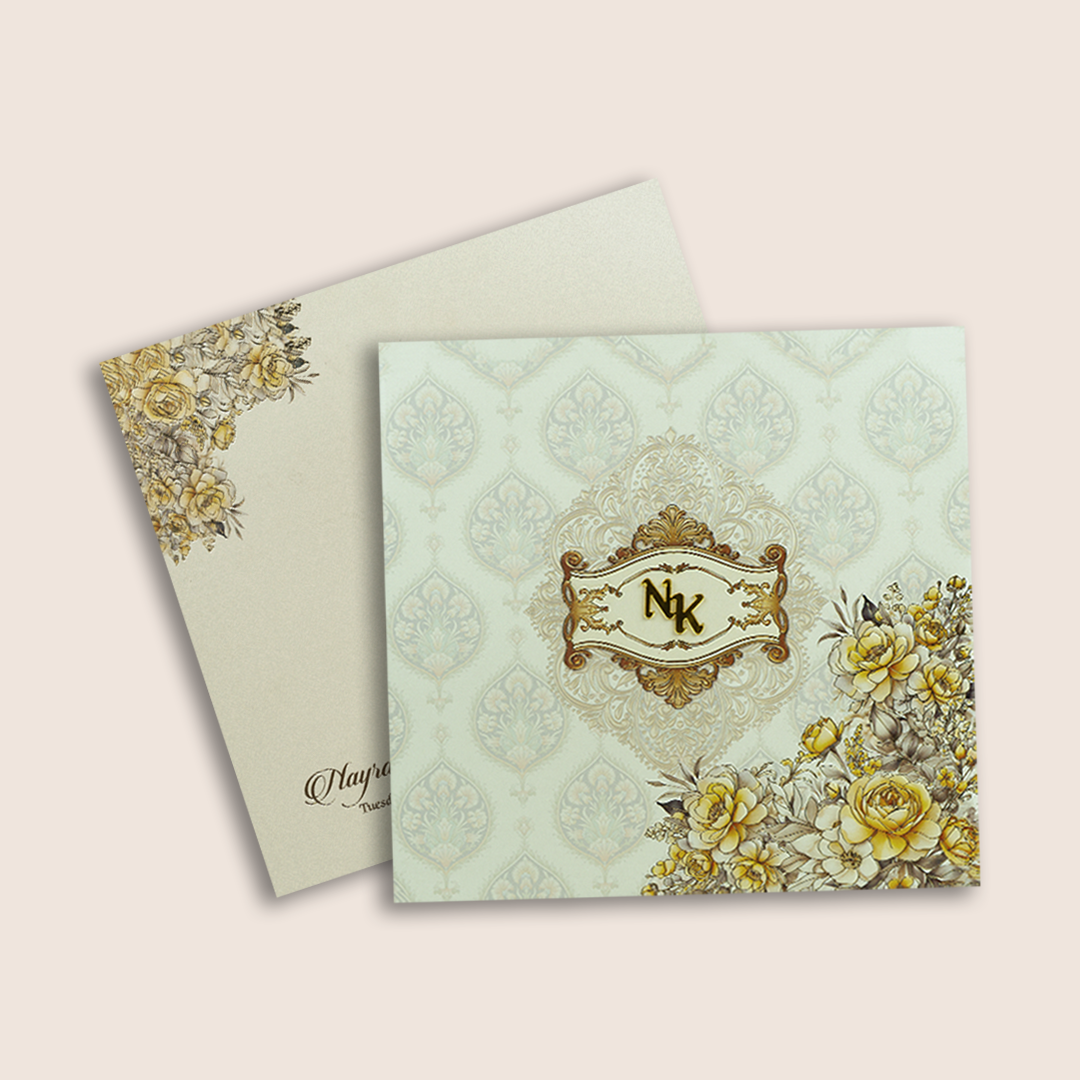 White Embossed Floral Padded Wedding Invitation Card - KPR024110