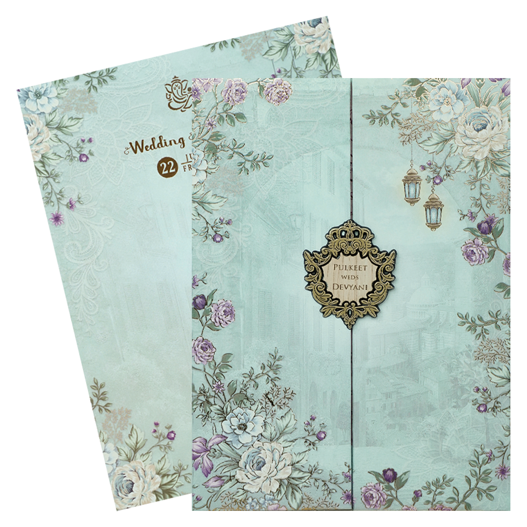 Blue Floral Lantern Padded Wedding Card-KJTS1833