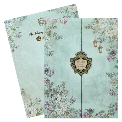 Blue Floral Lantern Padded Wedding Card-KJTS1833