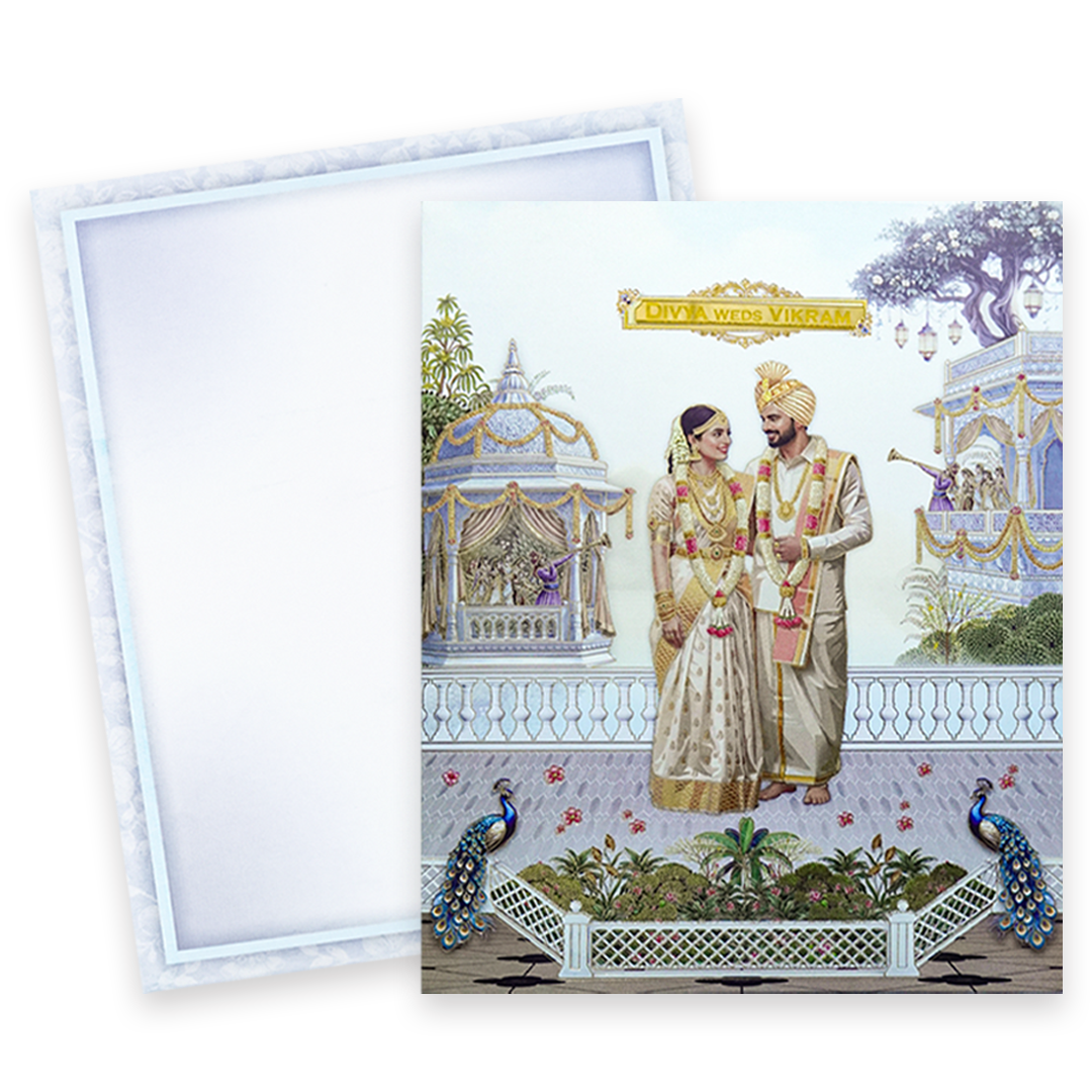 Blue Bride Groom Peacock Wedding Card-KNKJ1161