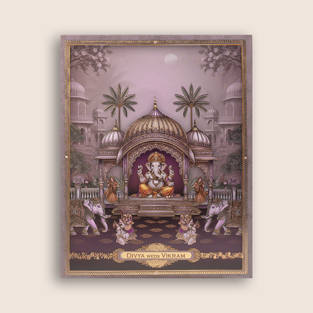 Purple Lord Ganesha Temple Floral Wedding Card  - KNKJ1166