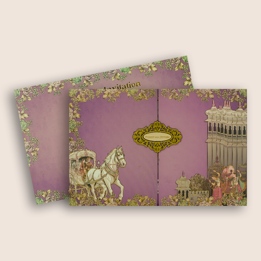 Purple Royal Baraat Padded Door Style Wedding Card -KJTS1828