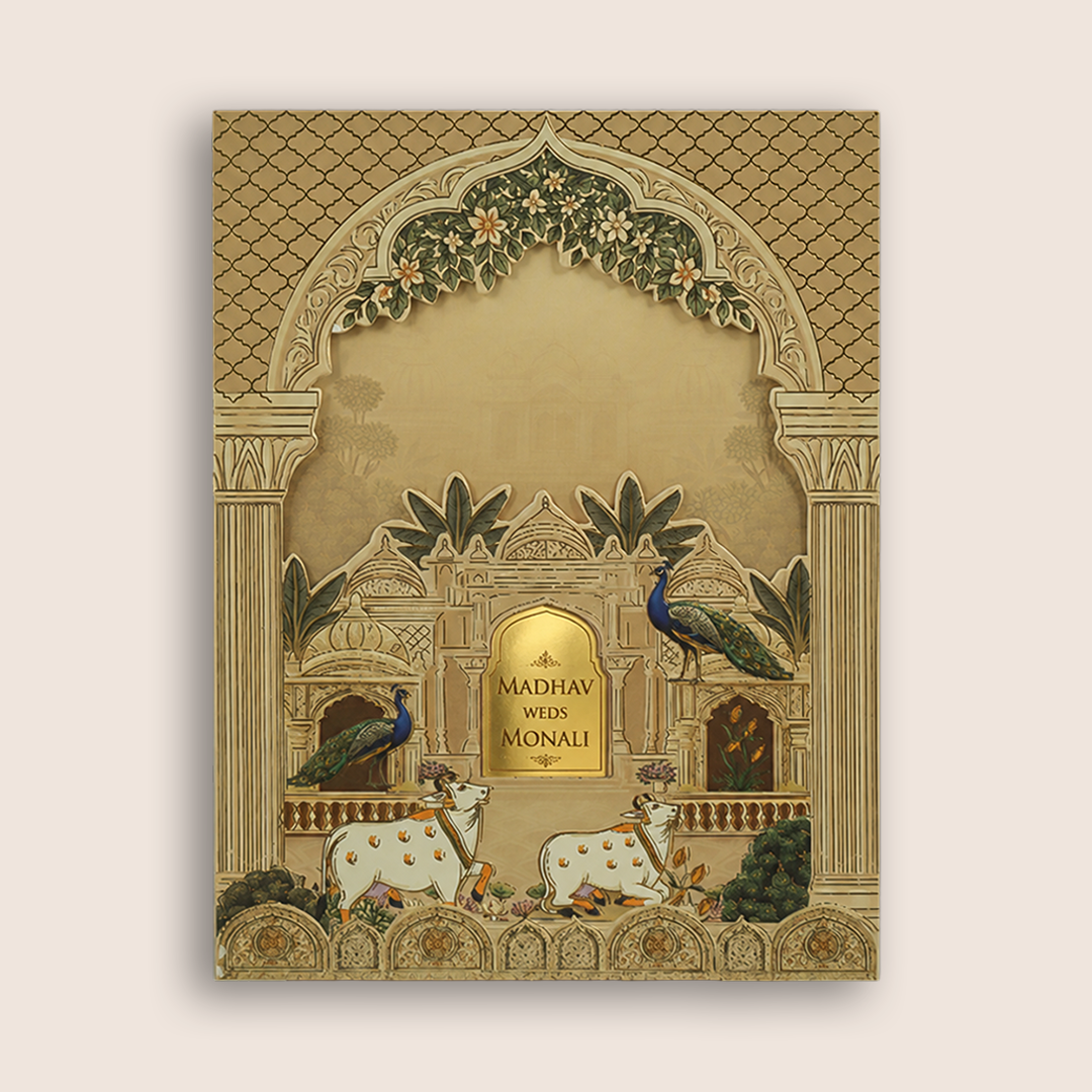 Cream Kamadhenu Floral Laser Cut Padded Invitation Card - KJTS3697