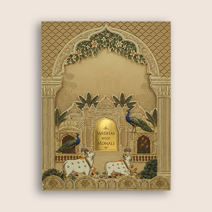 Cream Kamadhenu Floral Laser Cut Padded Invitation Card - KJTS3697