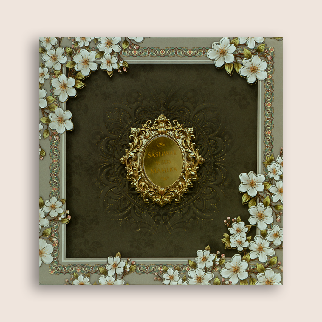 Olive Green Floral Padded Wedding Invitation Card - KRE29030
