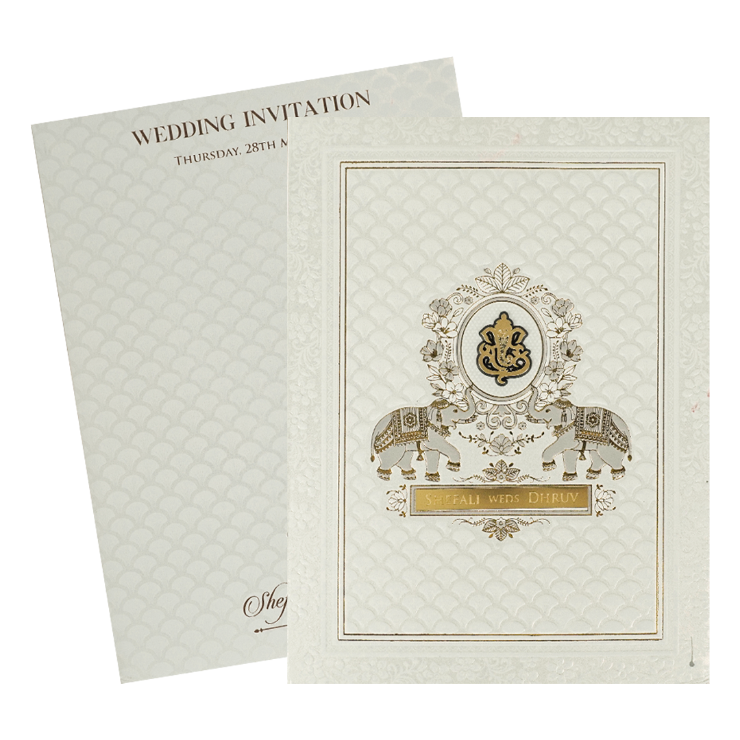 White Ganesha Embossed Padded Wedding Card-KRE28160