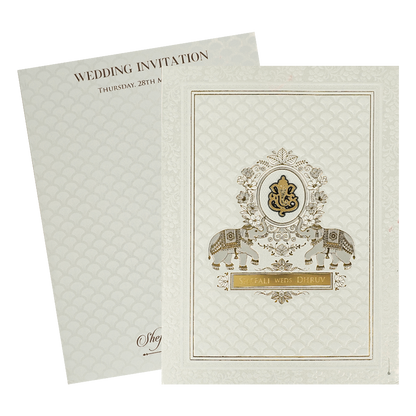 White Ganesha Embossed Padded Wedding Card-KRE28160