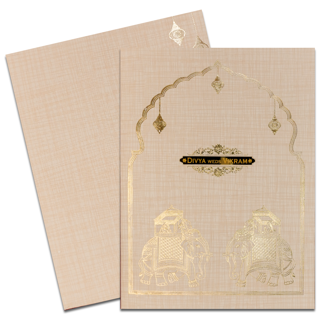 Cream Gold Arch Elephant Wedding Card-KNK7083S
