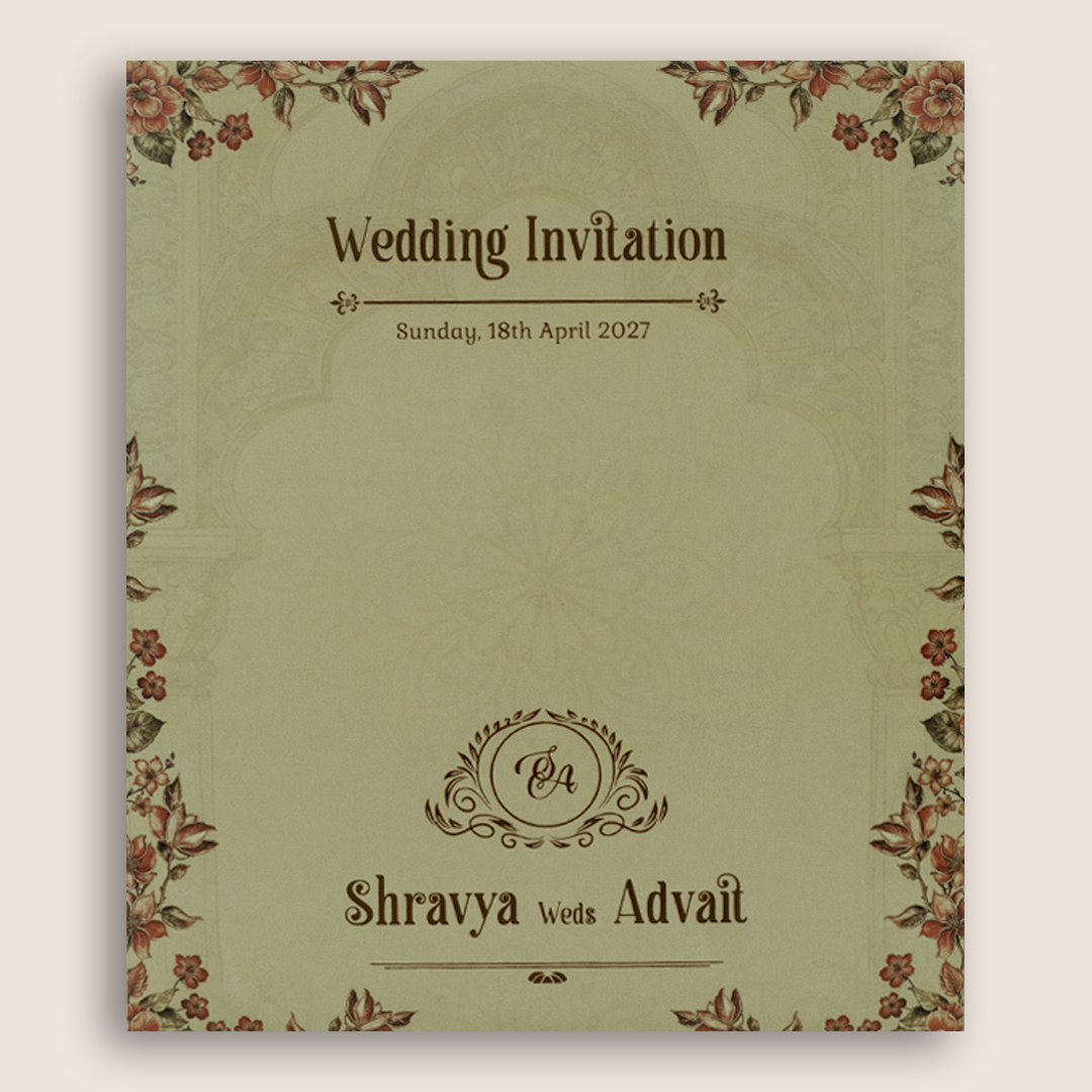 Beige Floral Door Style Wedding Card - KVN07590
