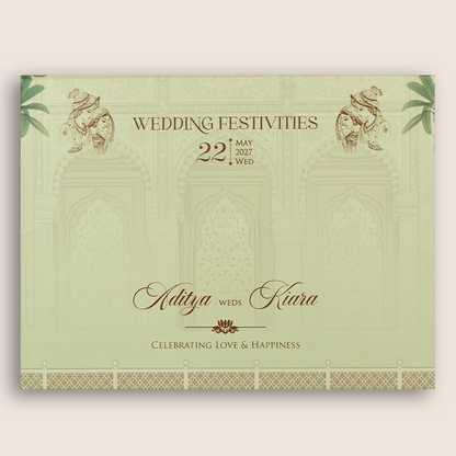 Pale Green Royal Baraat Padded Wedding Card - KFR17490
