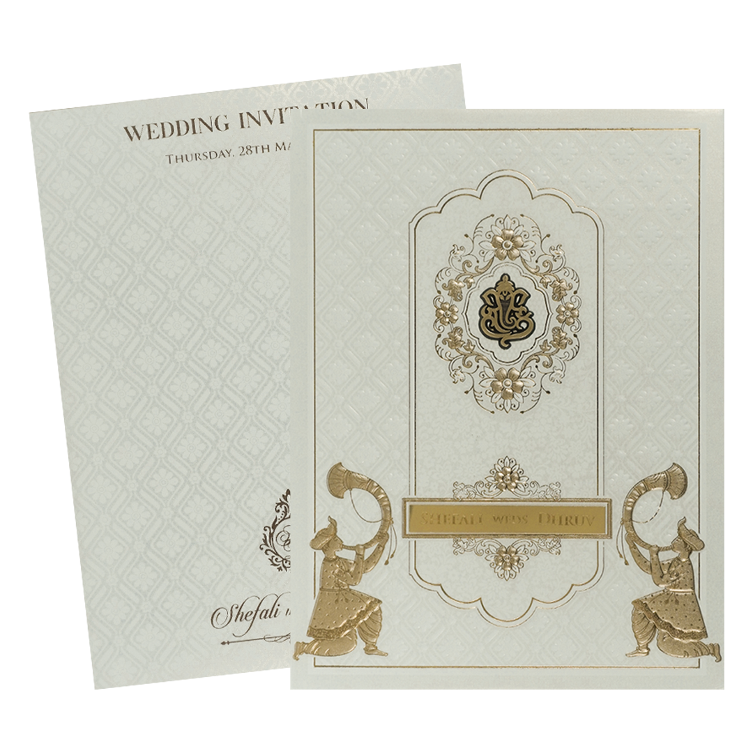 White Ganesha Embossed Padded Wedding card-KRE28110