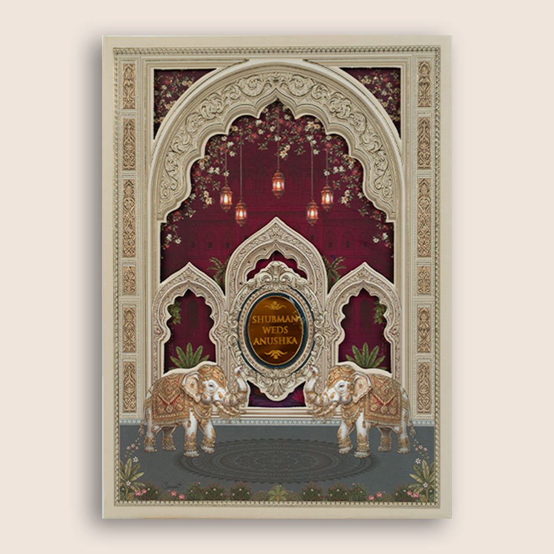 Wine Royal Elephant Laser Cut Padded Wedding Card - KRB10680