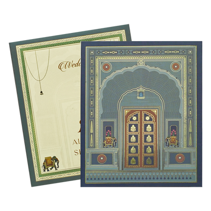 Blue Royal Arched Door Padded Wedding Card-KBM05130