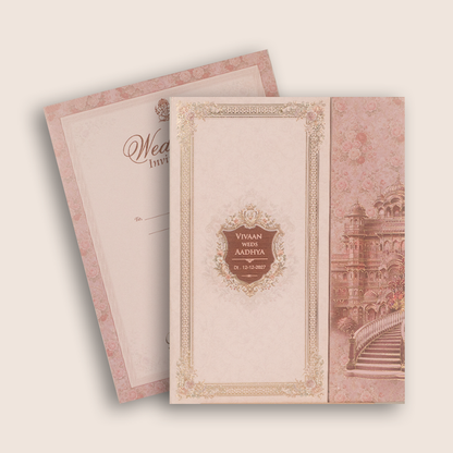 Pink Floral Palace Padded Door Style Wedding Card - KSH18500