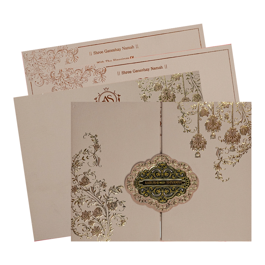 Cream Gold Floral Padded Wedding Card-KSI64100