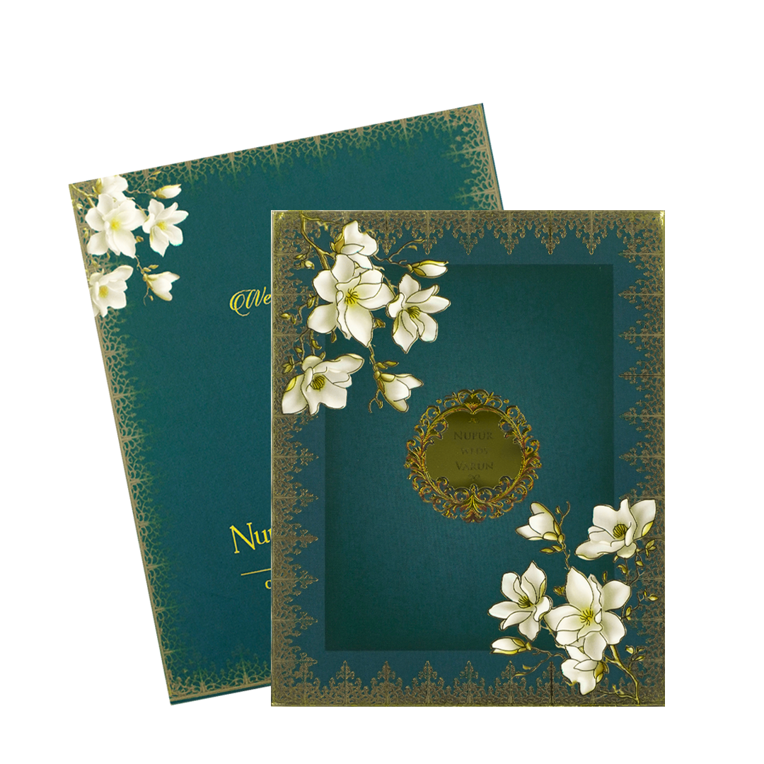Blue Gold Floral Padded Wedding card-KRE28020