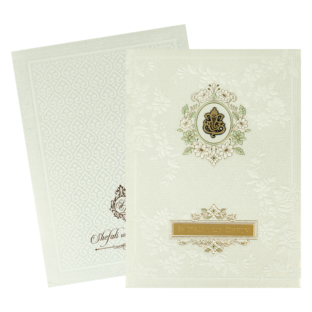 White Ganesha Embossed Padded Wedding card-KRE28190