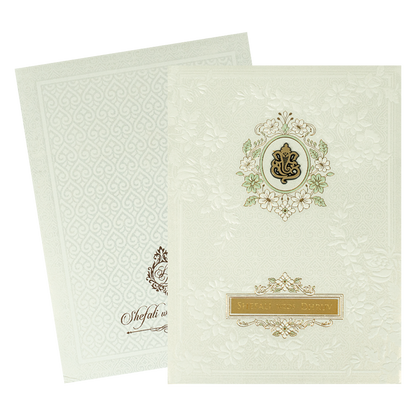 White Ganesha Embossed Padded Wedding card-KRE28190