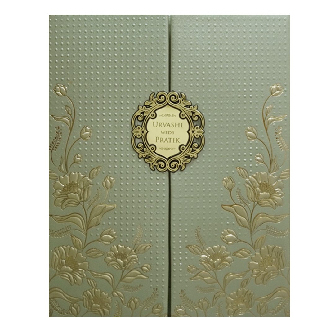 Green Floral Frame Padded Wedding Card - KMMWD1116