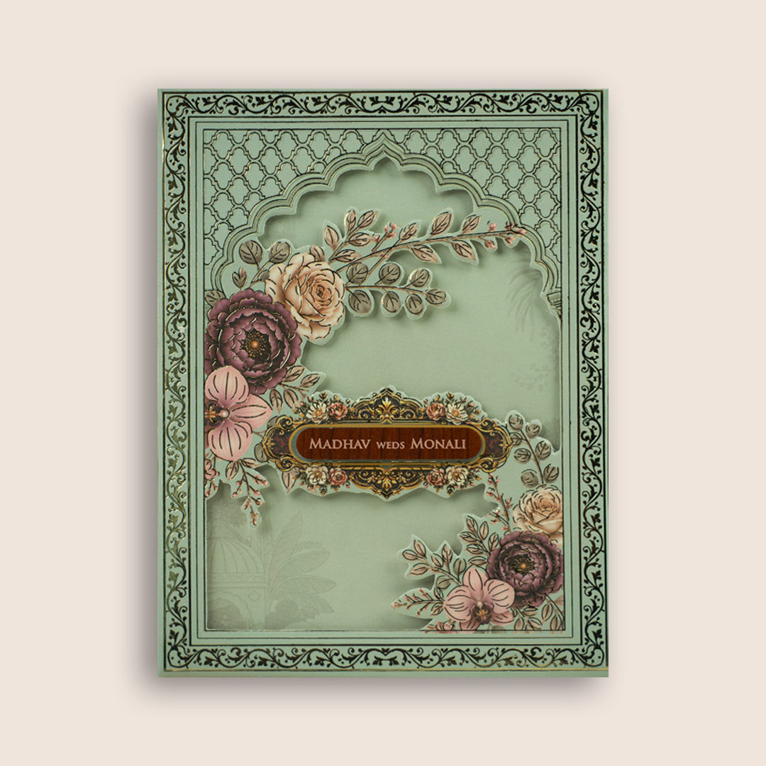 Pastel Green Floral Laser Cut Padded Invitation Card - KJTS3702
