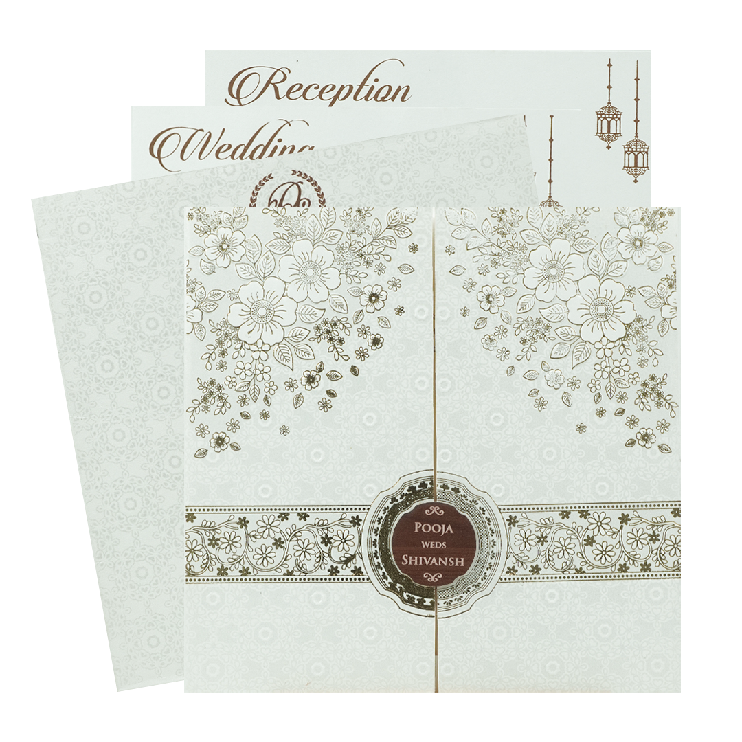 White Floral Gold Band Wedding Card-KRE27010