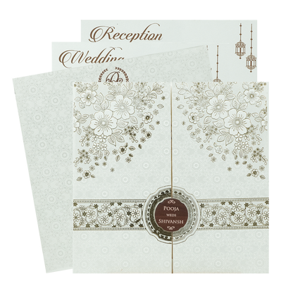 White Floral Gold Band Wedding Card-KRE27010