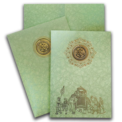 Green Elephant Baraat Wedding Card-KNKR039LG