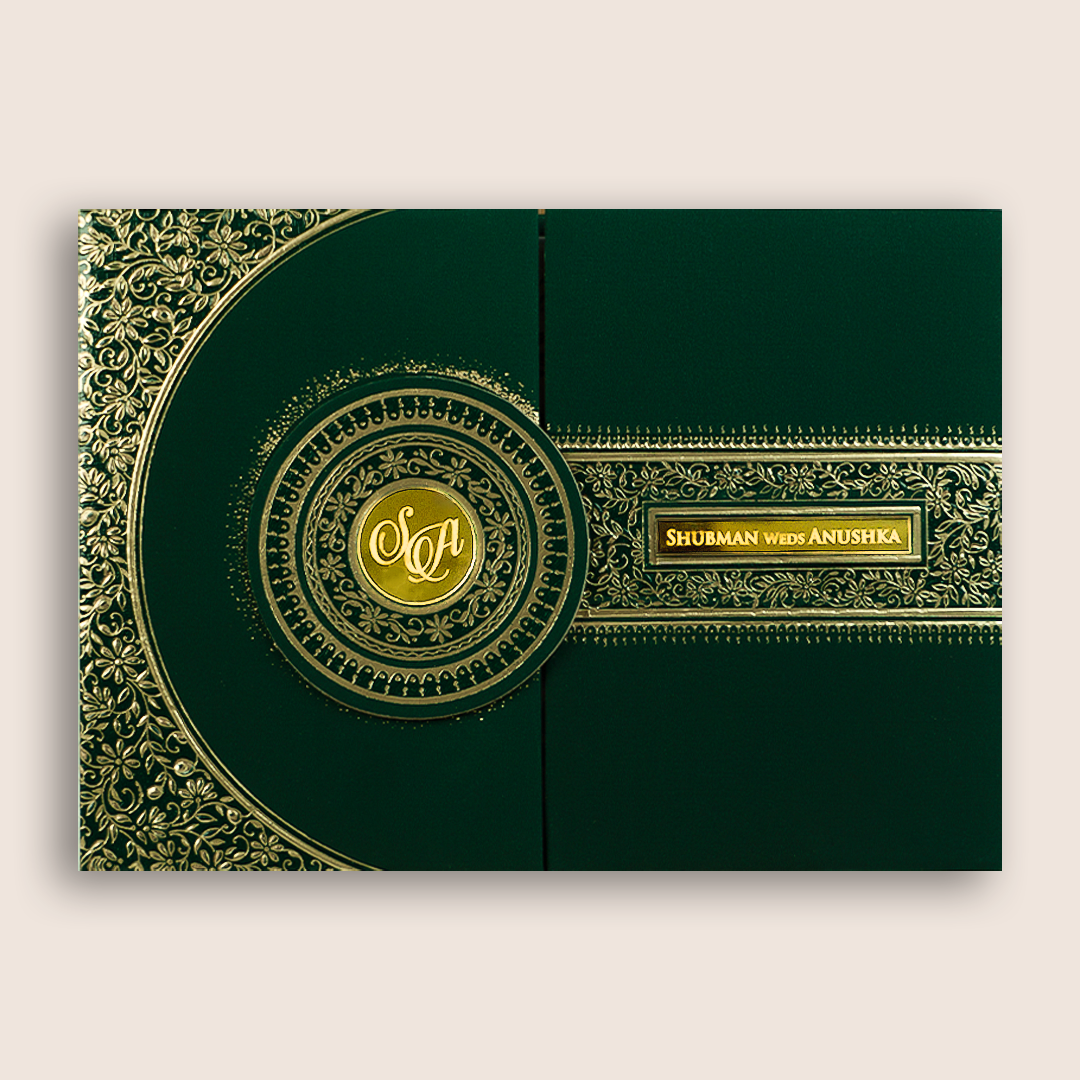 Green Embossed Floral Door Style Padded Wedding Card - KRB10471