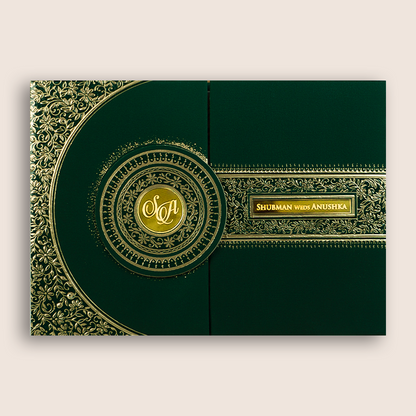 Green Embossed Floral Door Style Padded Wedding Card - KRB10471