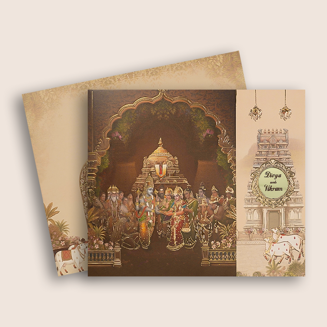 Brown Balaji Padmavathi Door Style Wedding Card - KNCR8911
