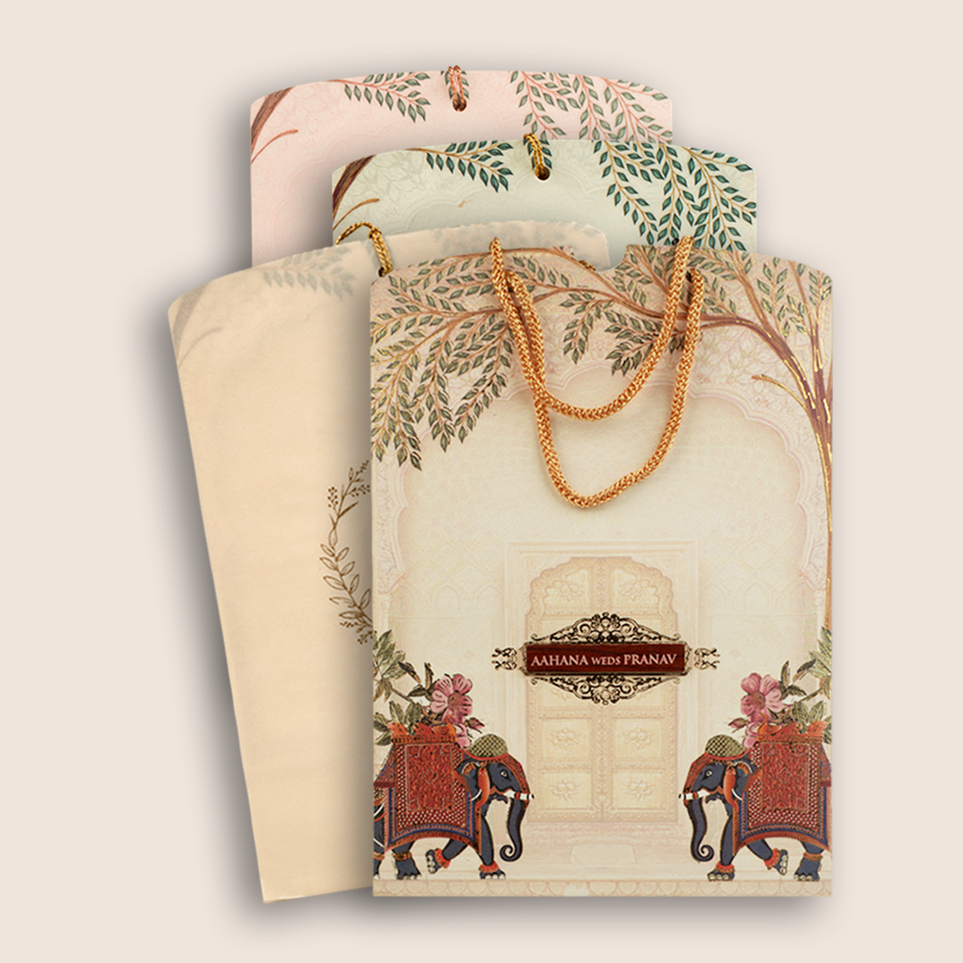 Cream Elephant Bag Style Wedding Card - KVN06330