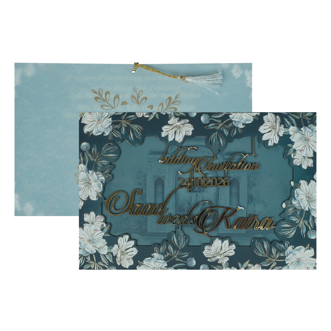 Check out this Blue Floral Foiled Script Wedding Card at best price.✅WhatsApp Support ✅Express Delivery.|King of cards.